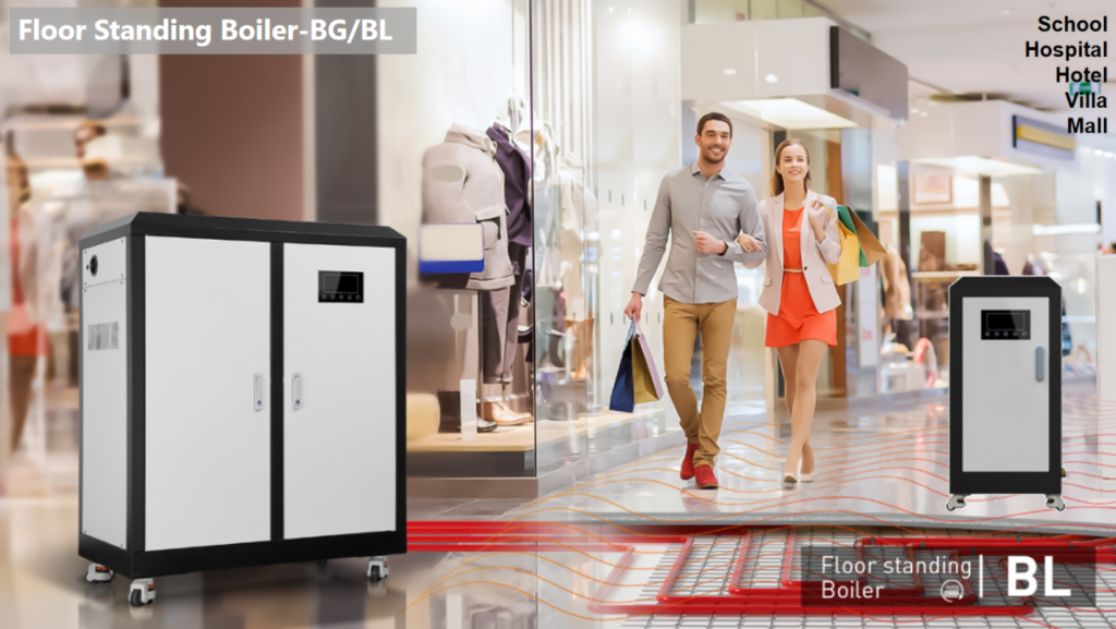 Two people, floor standing boiler, shopping mall