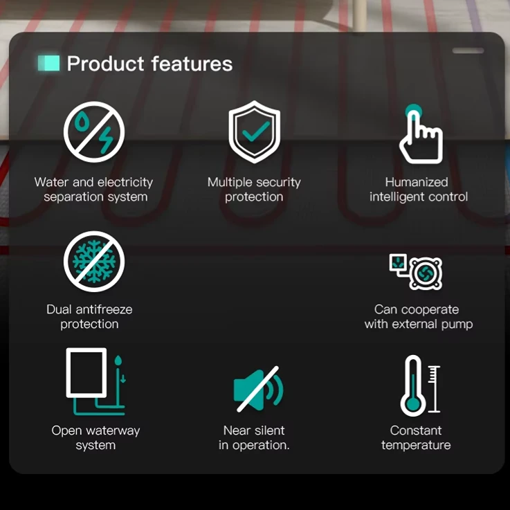 JNOD electric boiler product features icon layout including water-electricity separation, dual anti-freeze, open waterway system, and constant temperature controls.