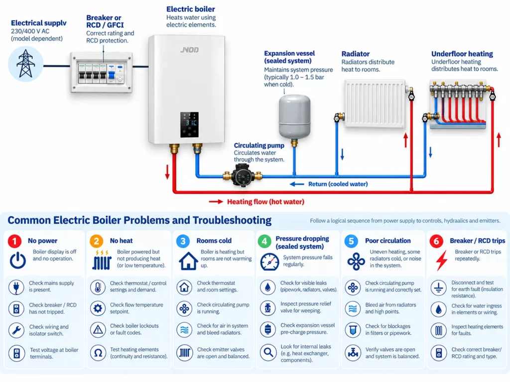 Electric boiler troubleshooting guide showing common heating faults and initial diagnostic checks