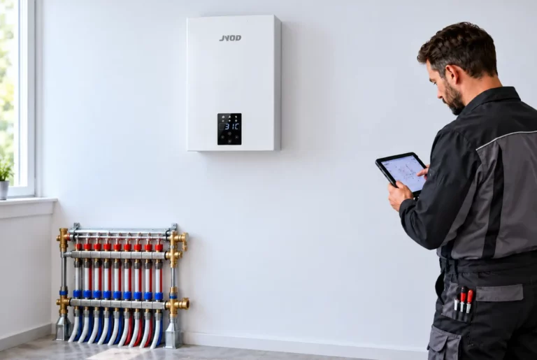 JNOD electric boiler with technician reviewing heating system diagnostics on a tablet